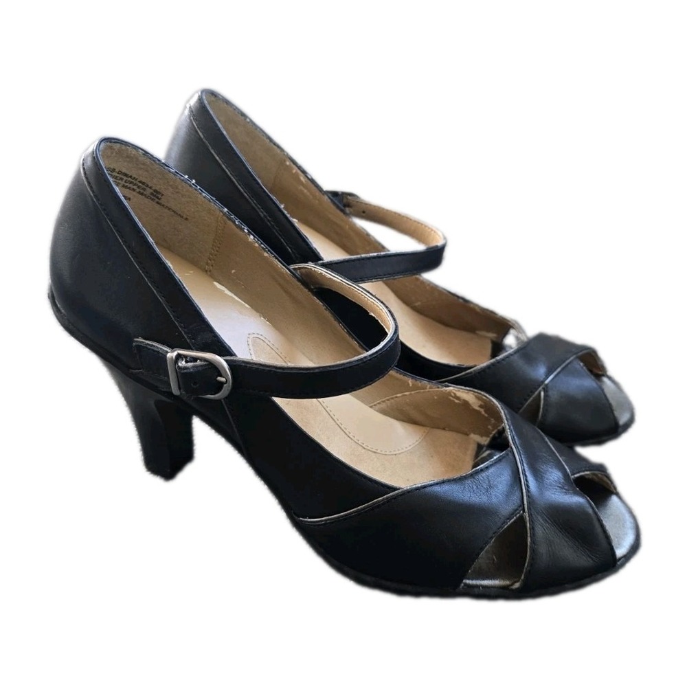 Bass & Co Black Leather Peep Toe Mary Jane Heels Buckle Pumps Womens Office 8M